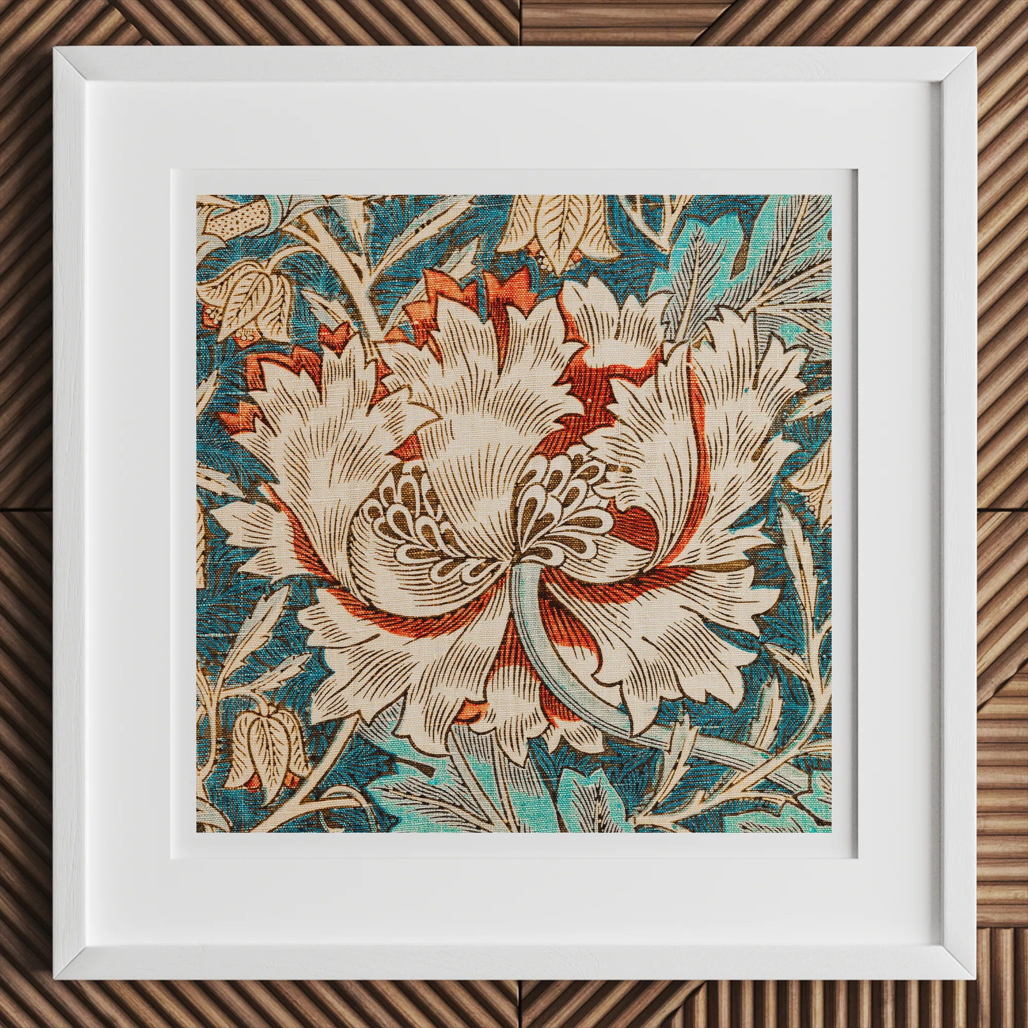 Honeysuckle - William Morris Floral Art Print, 12x12’’ / 31x31cm / White Frame, Framed Print Floral Pattern Stylized White Flower Red