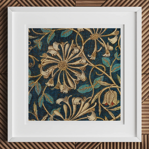 Honeysuckle - William Morris Floral Art Print, 16x16’’ / 41x41cm / White Frame / 2’’ Matboard, Framed Artwork Dark Blue Floral Pattern