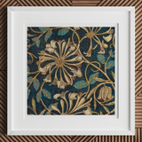Honeysuckle - William Morris Floral Art Print, 16x16’’ / 41x41cm / White Frame / 2’’ Matboard, Framed Artwork Dark Blue Floral Pattern