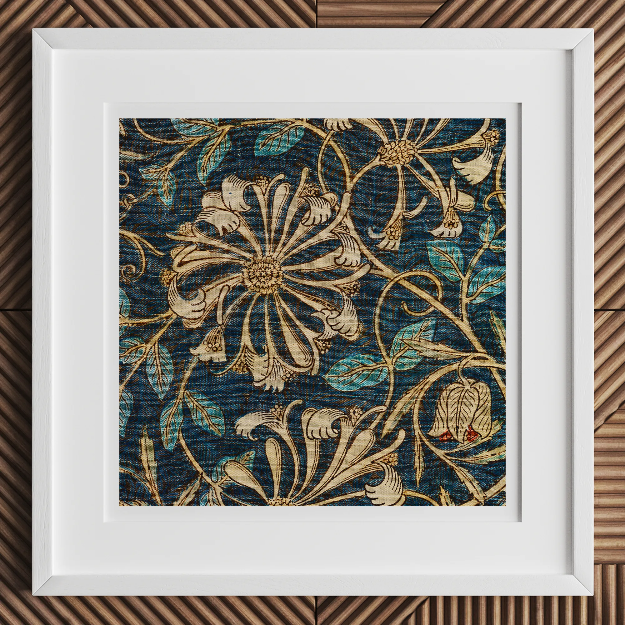 Honeysuckle - William Morris Floral Art Print, 16x16’’ / 41x41cm / White Frame, Framed Artwork Dark Blue Floral Pattern Cream Teal