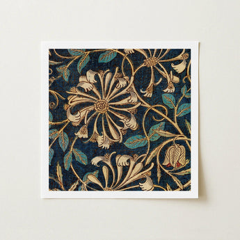 Honeysuckle - William Morris Floral Art Print / Canvas Square-framed Artwork Rich Navy Blue Fabric Intricate Gold, Pattern, Victorian