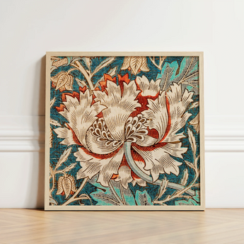 Square-framed Textile Artwork Detailed Floral Design Cream Red William Morris’s Artistry, Honeysuckle Print, Morris Arts