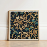 Framed Textile Artwork Intricate Floral Pattern Cream Teal William Morris, Honeysuckle Art, Victorian Elegance