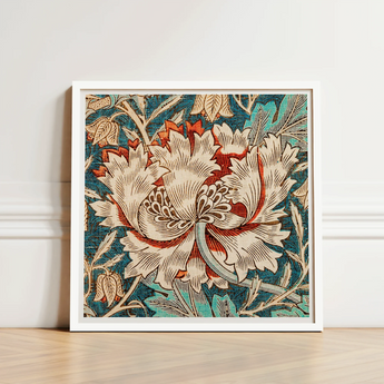 Framed Artwork Detailed Stylized Floral Design Cream Red William Morris’s Artistry, Honeysuckle Print, Morris Arts