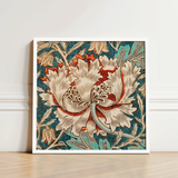 Framed Textile Artwork Detailed Floral Design Cream Red William Morris’s Artistry, Honeysuckle Print, Morris Arts