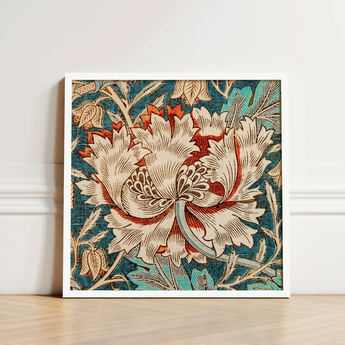 Framed Textile Artwork Detailed Floral Design Cream Red William Morris’s Artistry, Honeysuckle Print, Morris Arts