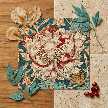 Honeysuckle - William Morris Floral Art Print / Canvas Square Napkin Detailed Floral Pattern Teal Cream Red William Morris’s Artistry,