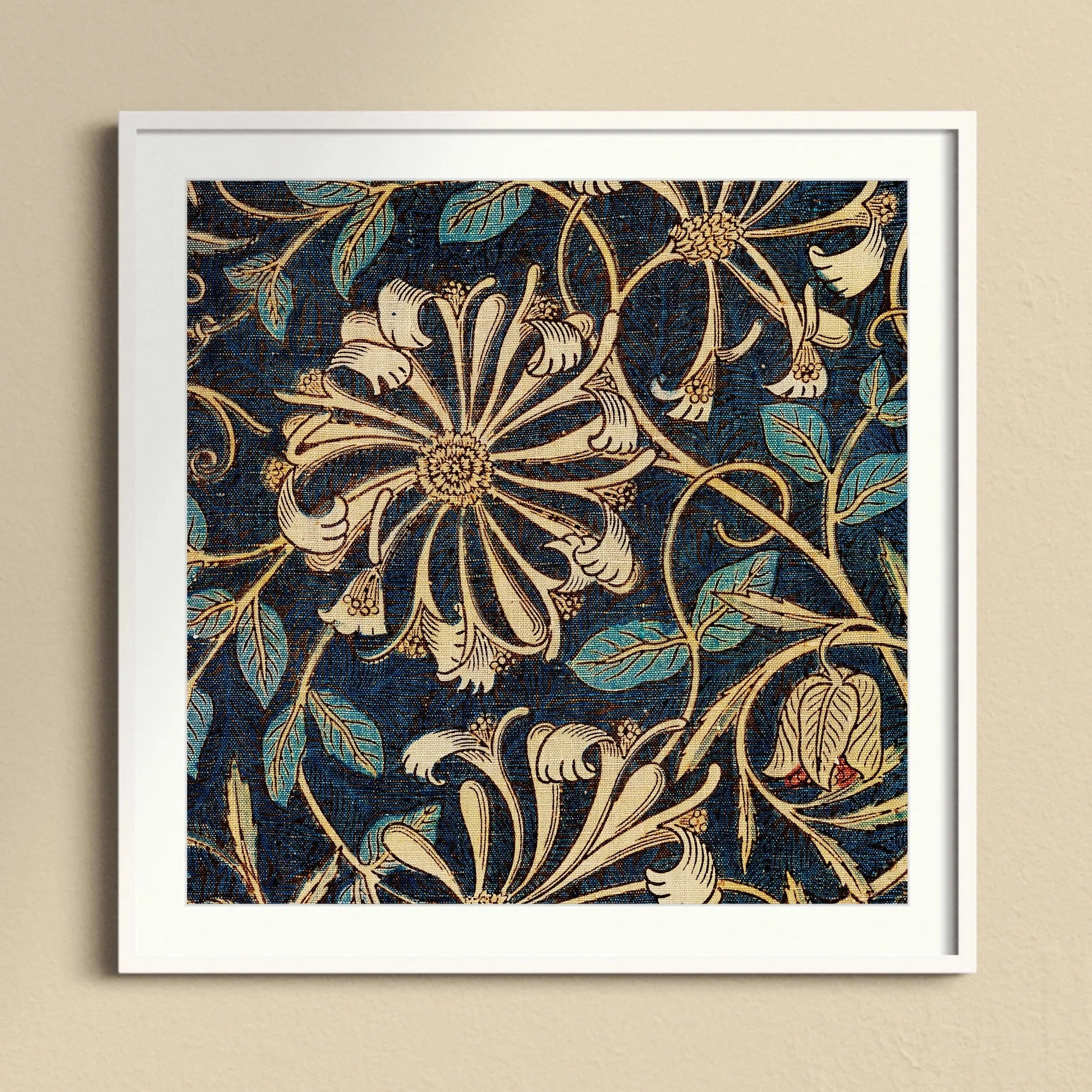 Honeysuckle - William Morris Floral Art Print, Framed Floral Textile Pattern Cream-colored Blooms Turquoise Leaves