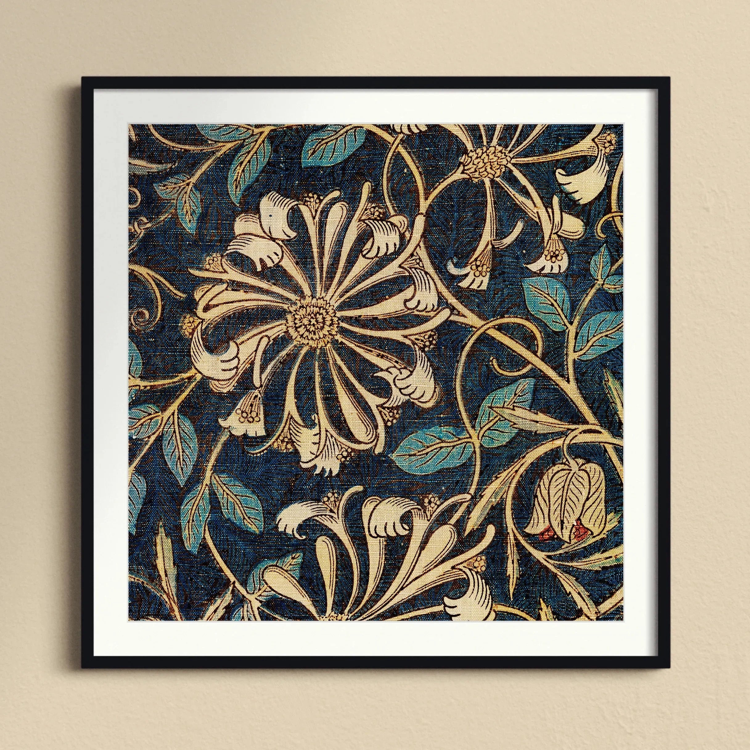 Honeysuckle - William Morris Floral Art Print, Framed Floral Textile Pattern Cream-colored Blooms Turquoise Leaves