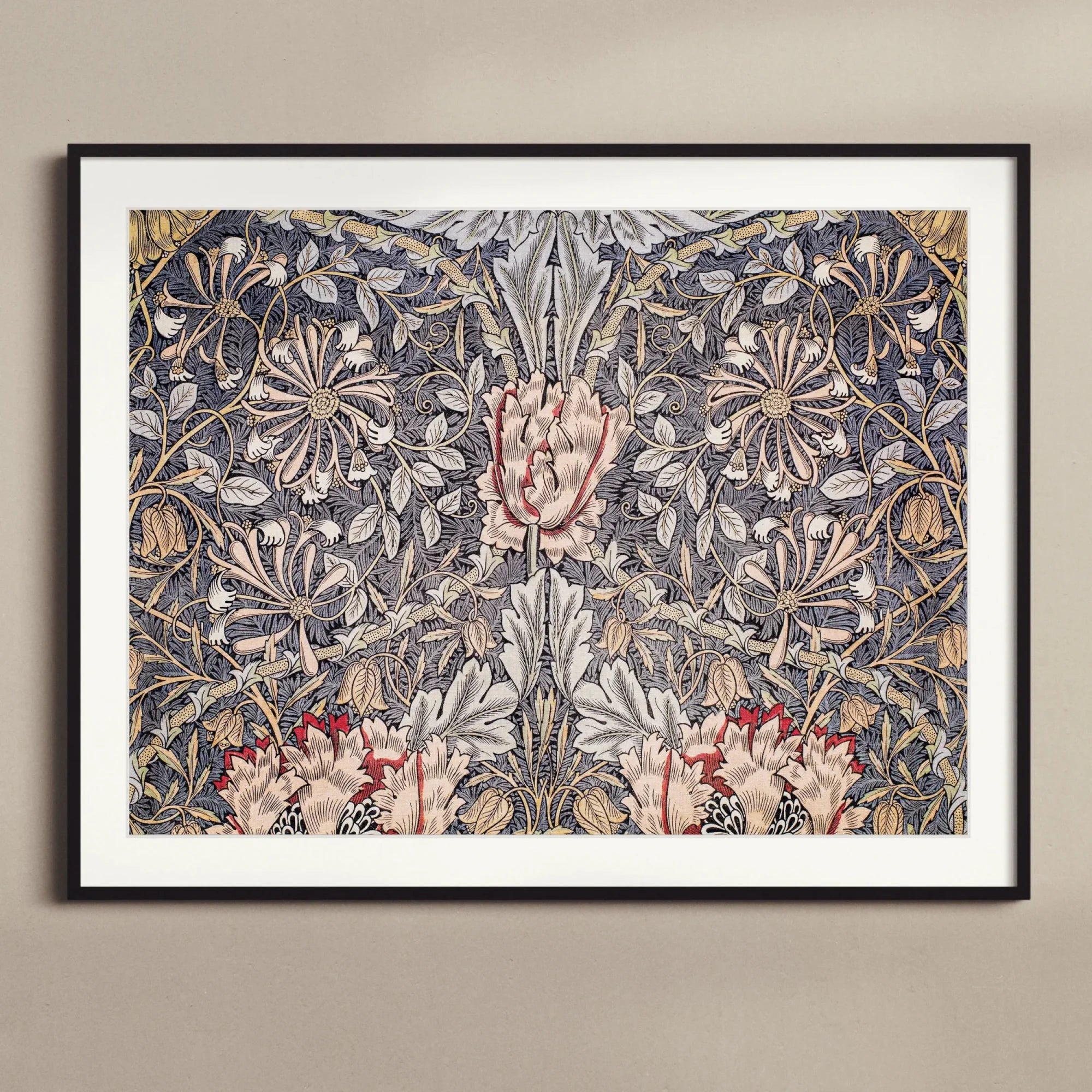 Honeysuckle - William Morris Floral Art Print, Framed Floral Wallpaper Pattern Symmetrical Pink Roses Gray