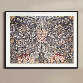 Honeysuckle - William Morris Floral Art Print, Framed Floral Wallpaper Pattern Symmetrical Pink Roses Gray