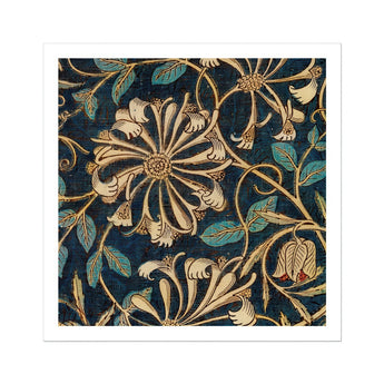Honeysuckle - William Morris Floral Art Print, Ornate Floral Pattern Golden Blooms Teal Leaves Dark