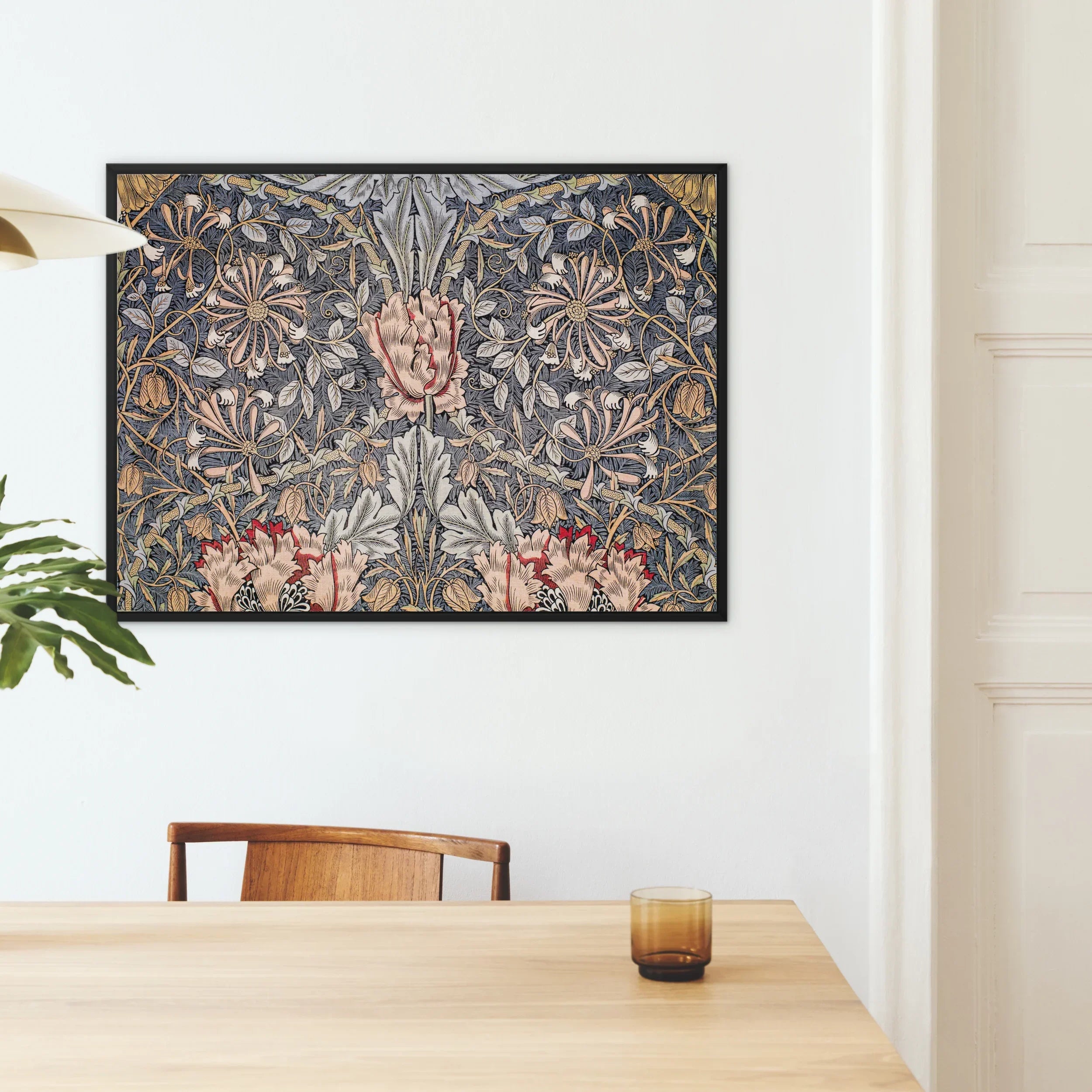 Honeysuckle William Morris Floral Framed Canvas, Framed William Morris Style Floral Art Print Symmetrical Botanical