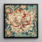 Honeysuckle William Morris Flower Art Framed Canvas, Intricately Detailed Stylized Flower Layered Cream Colored Petals Red