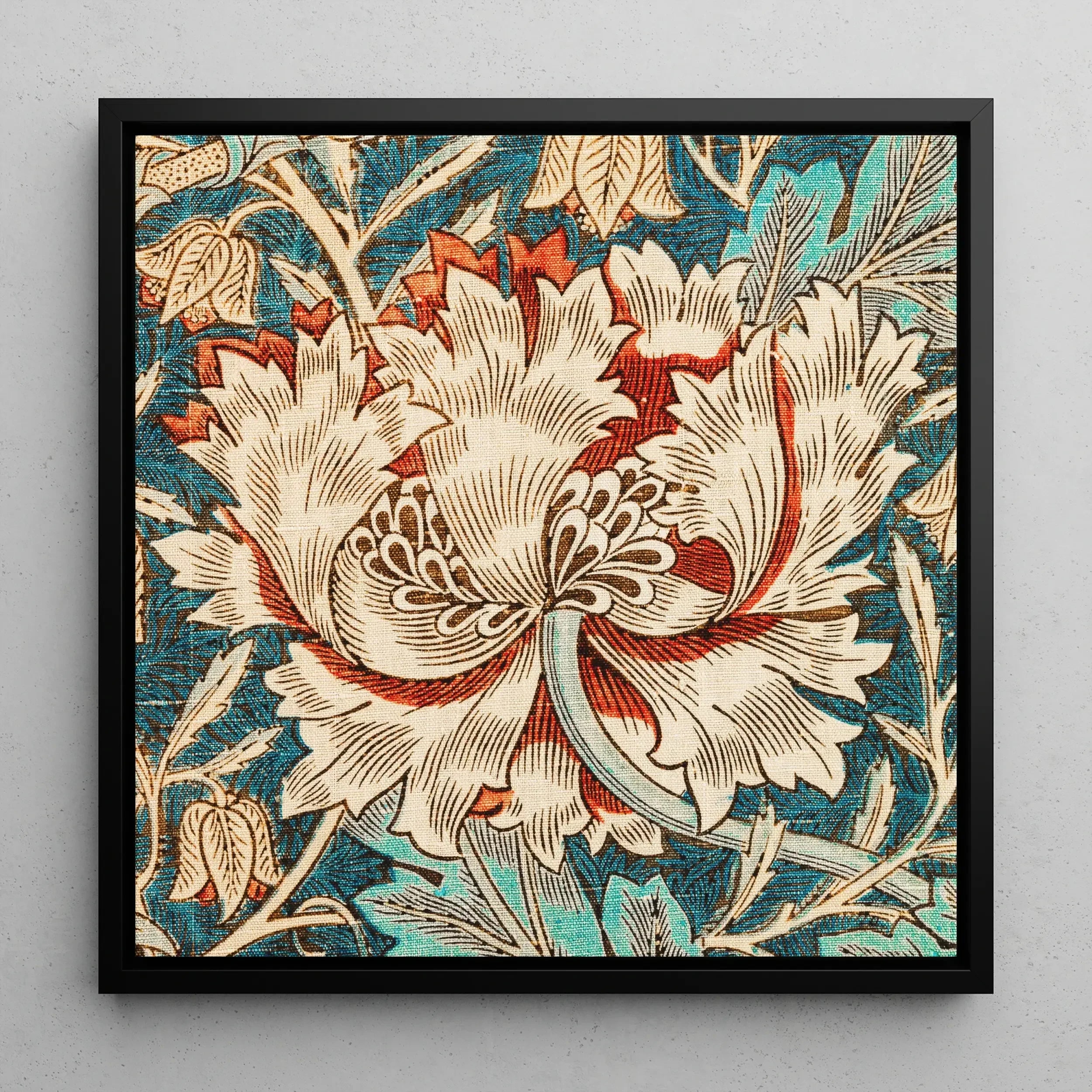 Honeysuckle William Morris Flower Art Framed Canvas, Intricately Detailed Stylized Flower Layered Cream Colored Petals Red