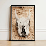 Black-framed Artwork Sepia-toned Photograph Weathered Horned Animal Skull Art, Bleached Bone Rises, Ancient Questions Left