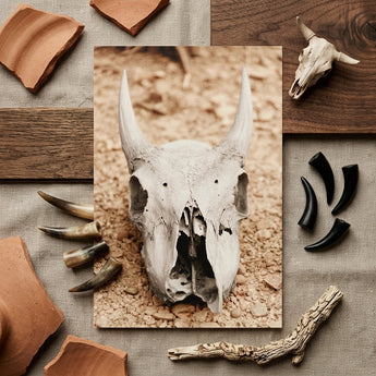 Horned Skull Art Print / Canvas Weathered Off-white Animal Skull Prominent Horns Rests Bed Horned Art, Bleached Bone Rises, Ancient