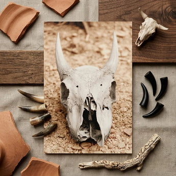 Horned Skull Art Print / Canvas Weathered Off-white Animal Prominent Horns Rests Bed, Bleached Bone Rises, Ancient Questions Left Prints
