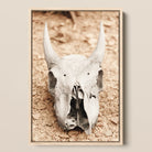 Horned Skull Framed Canvas, 12x18’’ / 31x46cm / Natural Floating Frame, Bleached Animal Skull Horns Mounted Light Wooden Frame