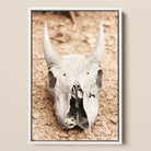 Horned Skull Framed Canvas, 12x18’’ / 31x46cm / White Floating Frame, Weathered Animal Skull Prominent Horns