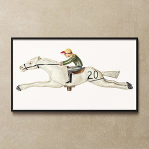 Horse and Jockey - Palmyra Pimentel Equestrian Art Print / Canvas Framed Artwork Stylized White Racehorse Jockey Palmyra Pimentel