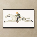 Horse and Jockey - Palmyra Pimentel Equestrian Art Print / Canvas Framed Artwork Stylized White Racehorse Jockey Palmyra Pimentel