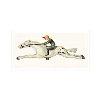 Horse and Jockey - Palmyra Pimentel Equestrian Art Print, Vintage-style Illustration White Racehorse Jockey Gallop