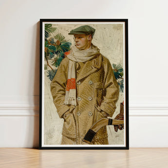 Framed Vintage-style Painting Man Green Cap Beige Coat Joseph Christian Leyendecker, Created, Kuppenheimer Ad Illustration, Artist’s