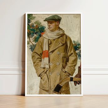 Framed Vintage-style Painting Young Man Green Cap Beige Joseph Christian Leyendecker, Created, Kuppenheimer Ad Illustration, Artist’s