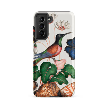 Hummingbird Cyclamen Red Postman and Shells - James Bolton Samsung Case, Galaxy S21 Fe / Matte, White Smartphone Case Colorful Bird Flowers