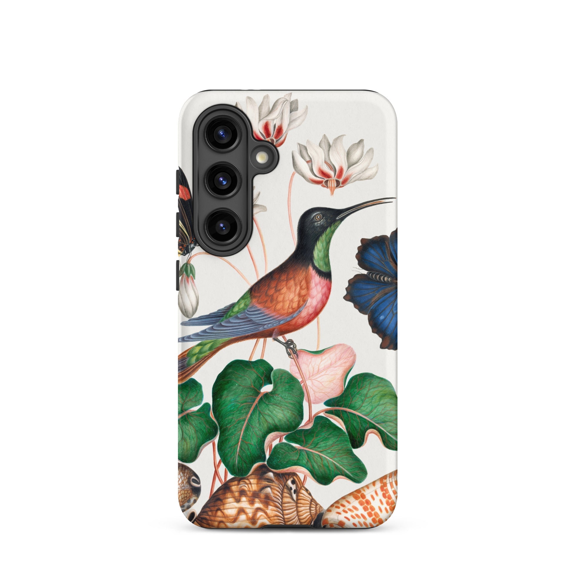 Hummingbird Cyclamen Red Postman and Shells - James Bolton Samsung Case, Galaxy S24 / Matte, Smartphone Case Hummingbird Flowers Seashells