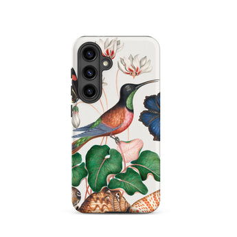 Hummingbird Cyclamen Red Postman and Shells - James Bolton Samsung Case, Galaxy S24 / Matte, Smartphone Case Hummingbird Flowers Seashells