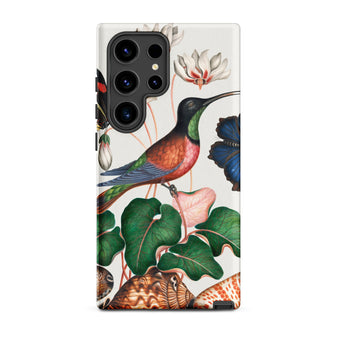 Hummingbird Cyclamen Red Postman and Shells - James Bolton Samsung Case, Galaxy S24 Ultra / Matte, White Phone Case Colorful Illustration