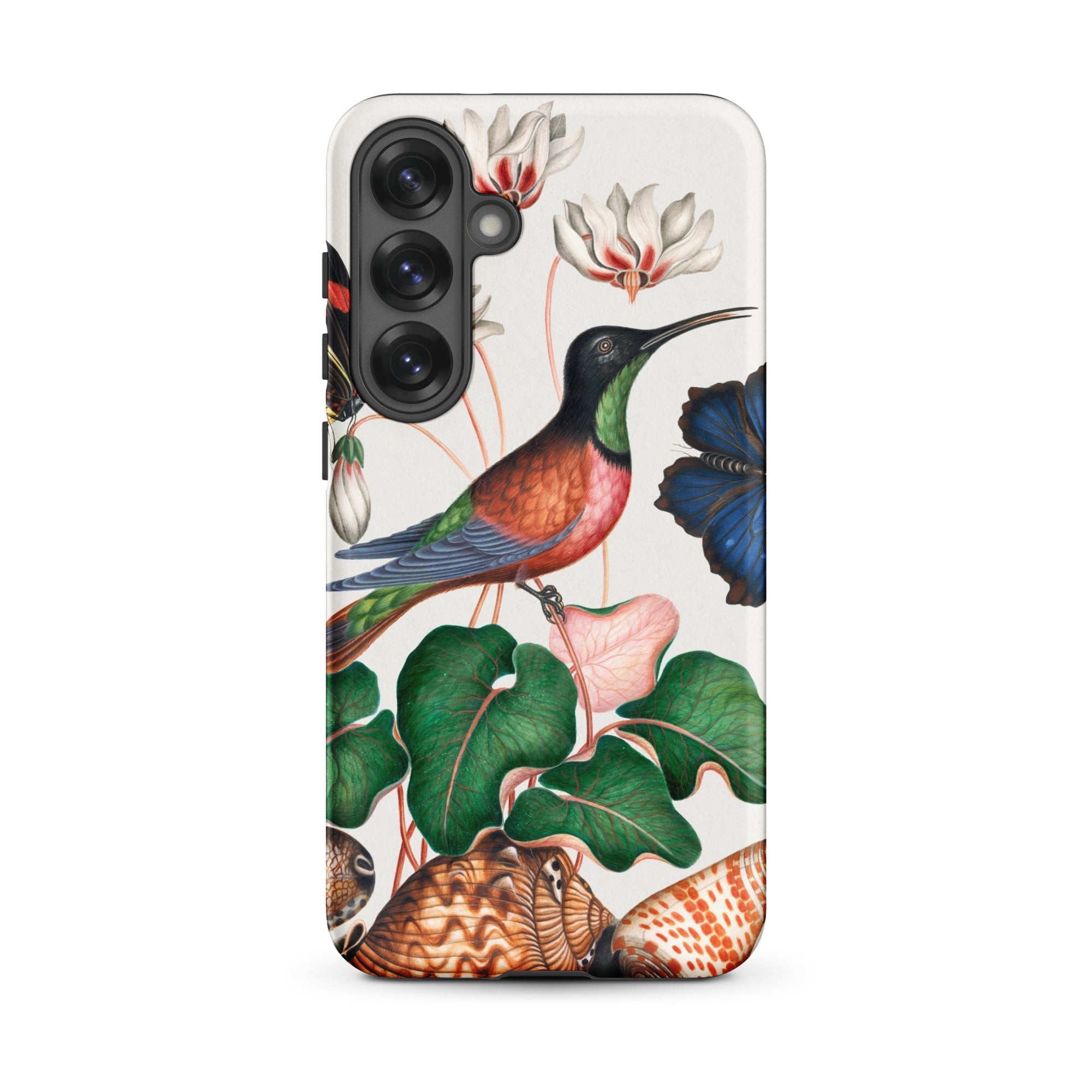 Hummingbird Cyclamen Red Postman and Shells - James Bolton Samsung Case, Galaxy S25 Plus / Matte, White Phone Case Vibrant Botanical