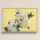 Hydrangea & Swallow - Hokusai Ukiyo-e Woodblock Art Print / Canvas, 18x12’’ / 46x31cm / Natural Frame, Posters Prints Visual Artwork, Toby