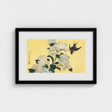 Hydrangea & Swallow - Hokusai Ukiyo-e Woodblock Art Print / Canvas Black-framed Artwork Traditional Japanese-style White Hydrangeas Black,