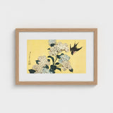 Hydrangea & Swallow - Hokusai Ukiyo-e Woodblock Art Print / Canvas Framed Japanese White Hydrangeas Black, Mesmerizing, Intertwines