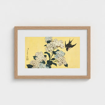 Hydrangea & Swallow - Hokusai Ukiyo-e Woodblock Art Print / Canvas Framed Japanese White Hydrangeas Black, Mesmerizing, Intertwines