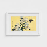 Hydrangea & Swallow - Hokusai Ukiyo-e Woodblock Art Print / Canvas White Framed Japanese-style Artwork Delicate Light Blue Hydrangeas,