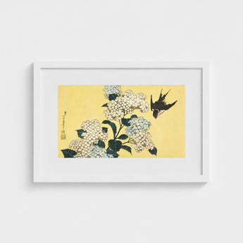 Hydrangea & Swallow - Hokusai Ukiyo-e Woodblock Art Print / Canvas White Framed Japanese-style Artwork Delicate Light Blue Hydrangeas,