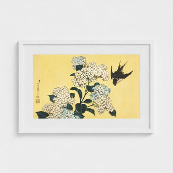 Hydrangea & Swallow - Hokusai Ukiyo-e Woodblock Art Print / Canvas Framed Japanese Delicate White Hydrangeas Black, Mesmerizing,