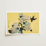 Hydrangea & Swallow - Hokusai Ukiyo-e Woodblock Art Print / Canvas Framed Japanese Delicate White Hydrangeas Dark, Mesmerizing, Intertwines