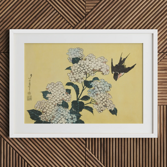 Hydrangea & Swallow - Hokusai Ukiyo-e Woodblock Art Print / Canvas Framed Japanese Woodblock Print Delicate White Hydrangeas Black Ukiyo-e