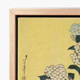 Framed Japanese-style Artwork Delicate White Hydrangeas Dark Green Ukiyo-e Woodblock Print, Mesmerizing, Intertwines Botanical Splendor