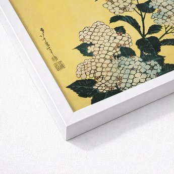 Framed Japanese-style Print Delicate White Hydrangeas Dark Green Ukiyo-e Woodblock, Mesmerizing, Intertwines Botanical Splendor