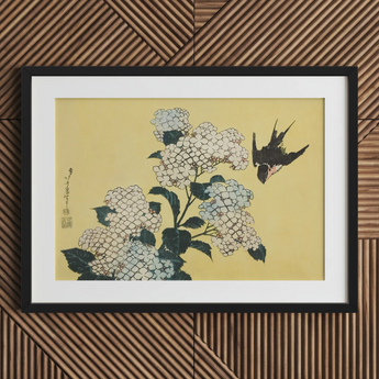 Hydrangea & Swallow - Hokusai Ukiyo-e Woodblock Art Print / Canvas, Ukiyo-e Woodblock Print, Mesmerizing Ukiyo-e Woodblock, Intertwines
