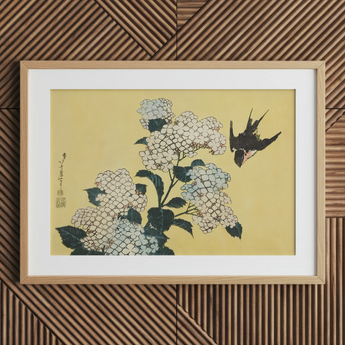 Hydrangea & Swallow - Hokusai Ukiyo-e Woodblock Art Print / Canvas, Ukiyo-e Woodblock Print, Mesmerizing Ukiyo-e Woodblock, Intertwines