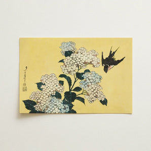 Hydrangea & Swallow - Hokusai Ukiyo-e Woodblock Art Print / Canvas Traditional Japanese Woodblock Print Delicate White Hydrangea Blossoms