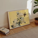 Hydrangea & Swallow - Hokusai Ukiyo-e Woodblock Art Print, Framed Japanese-style Artwork Hydrangea Flowers Bird Yellow Background