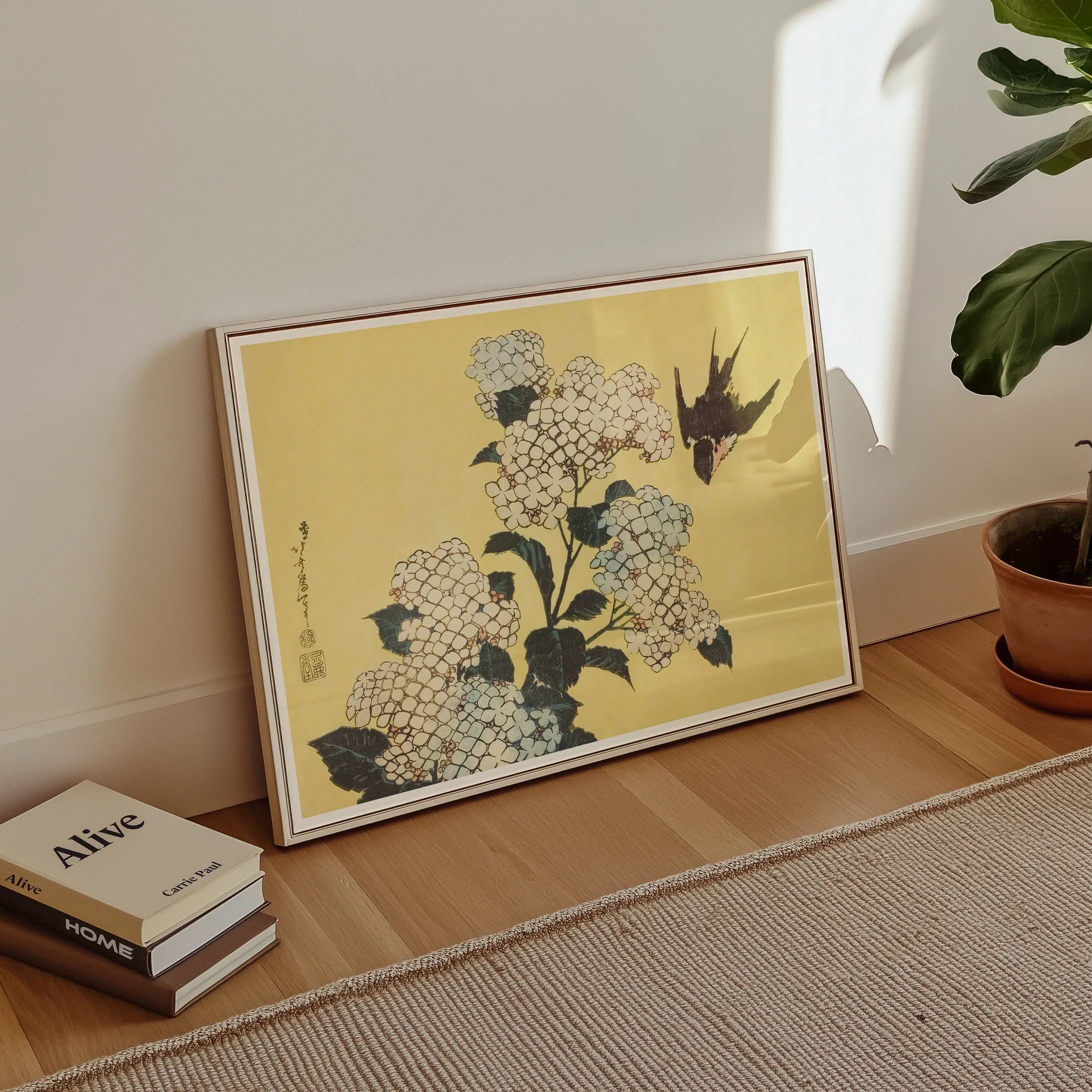 Hydrangea & Swallow Hokusai Ukiyo e Woodblock Art Print, Framed Japanese Style Artwork Hydrangea Flowers Bird Yellow Background